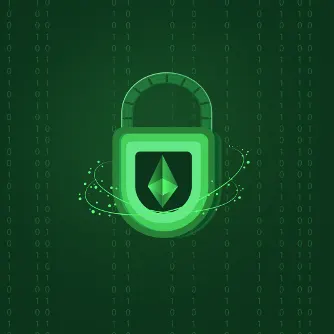 green padlock with an eth shield on a binary-code background
