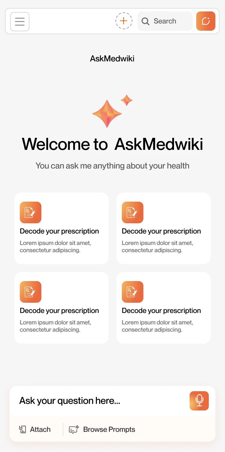 Mobile: welcome screen with four starting points