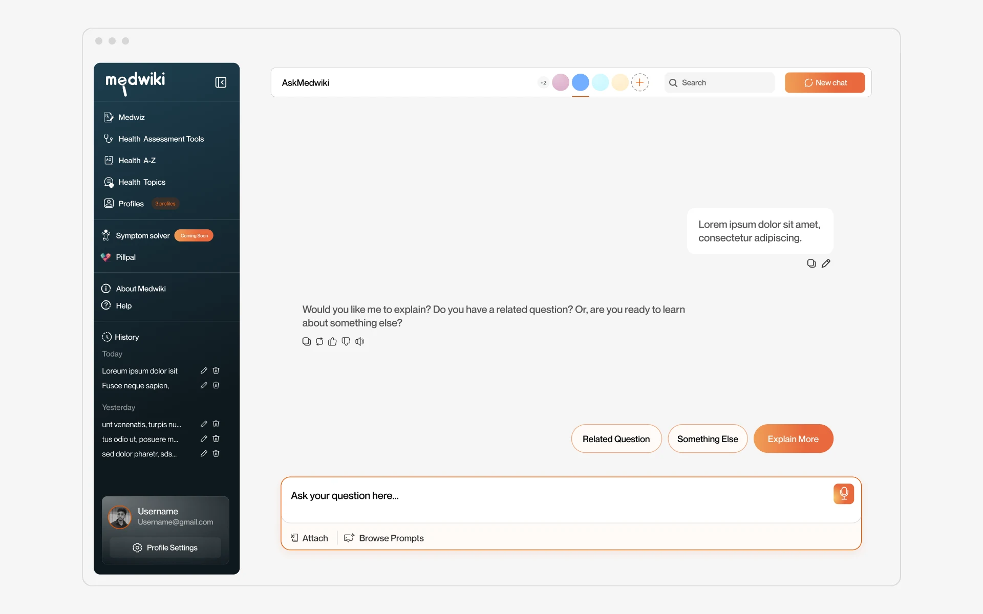 Desktop: answer ending with follow-up chips and message actions
