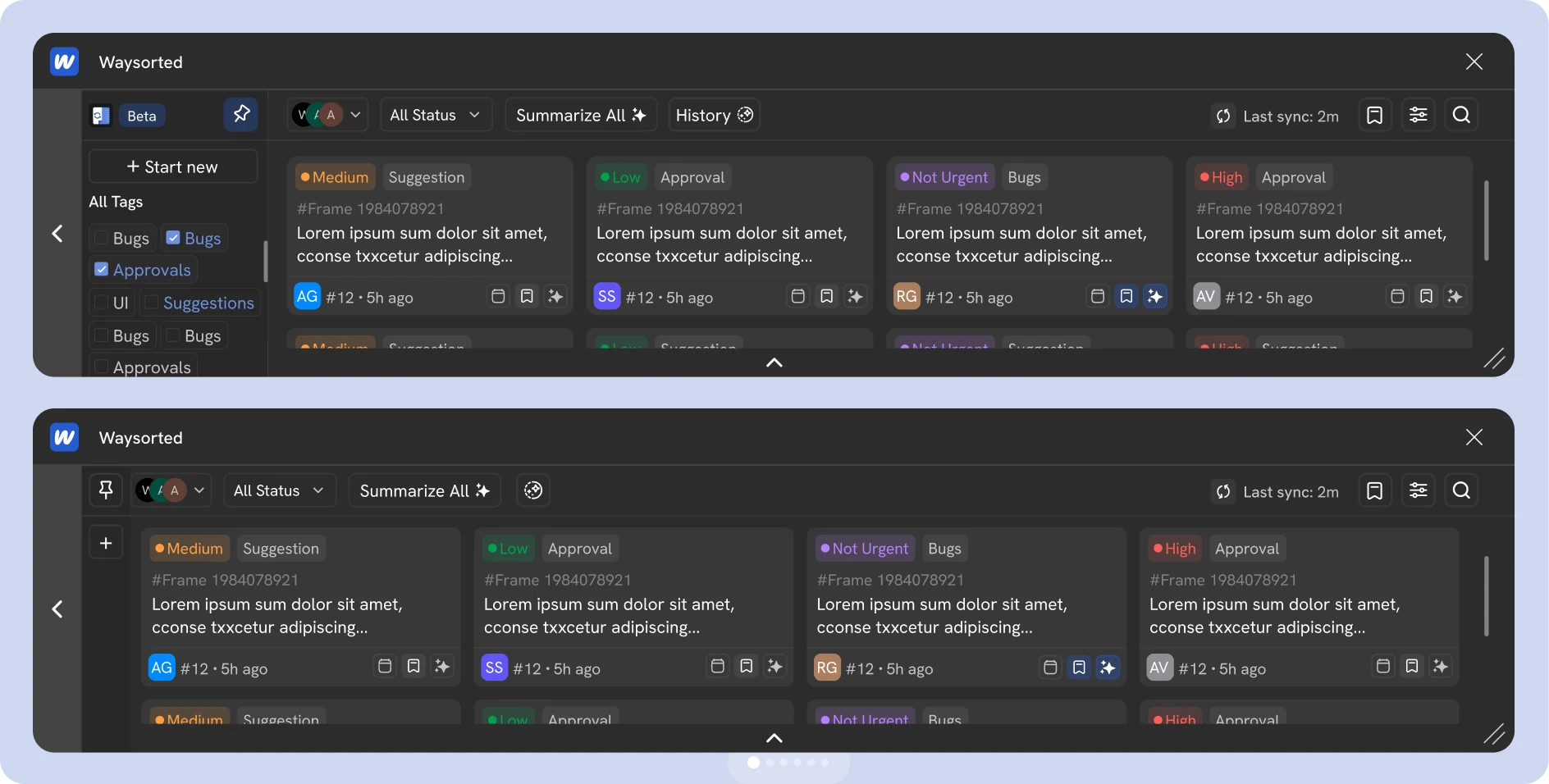 Feedback dashboard with tags, status filters and panel controls