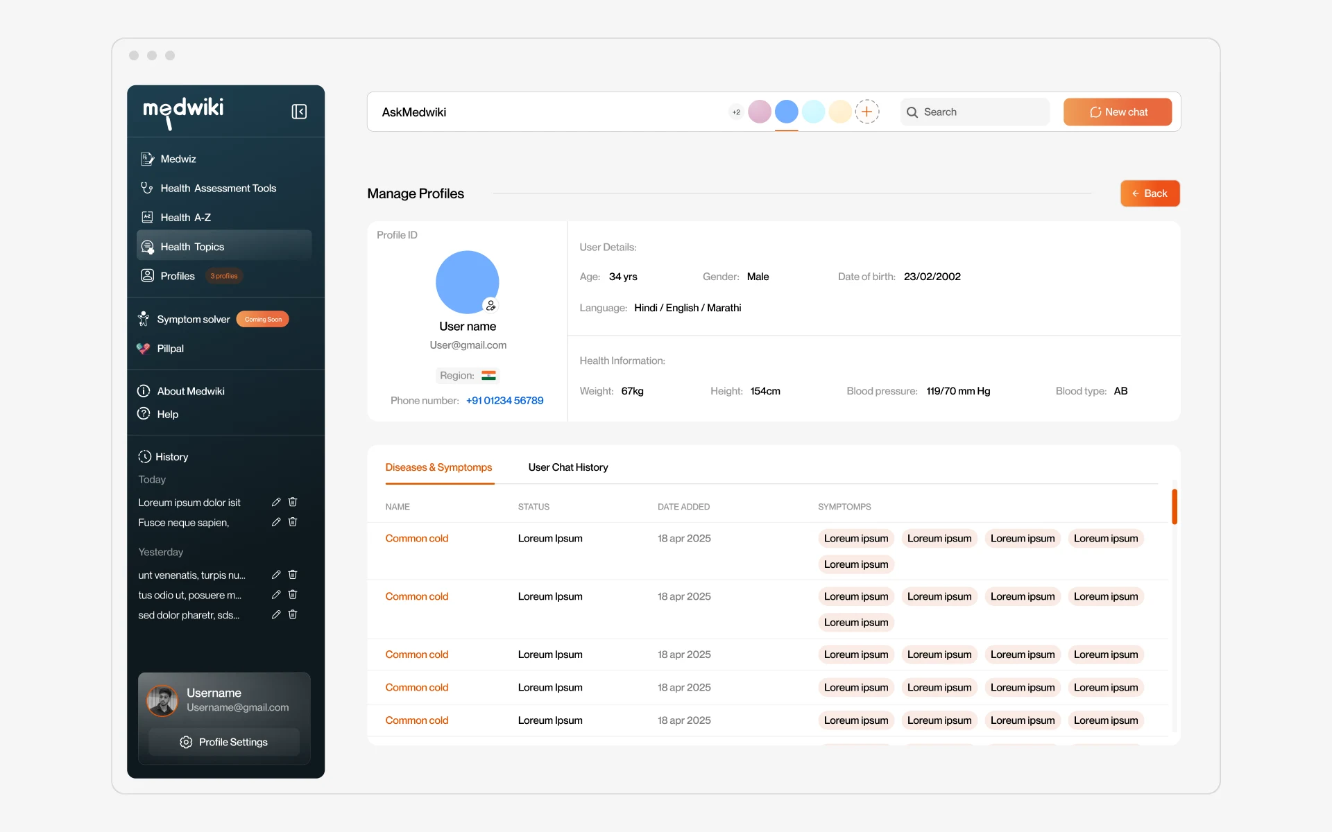 Desktop: profile details with vitals and a diseases and symptoms log
