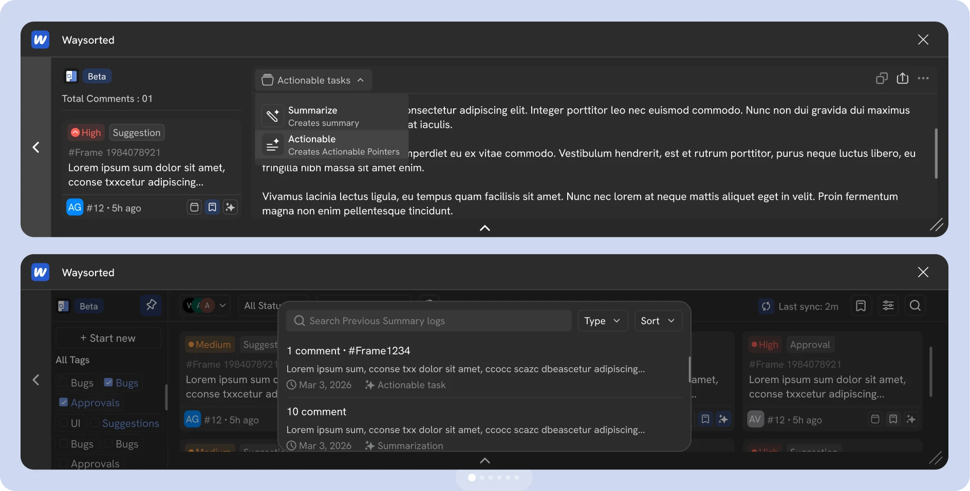AI-generated summary with actionable tasks and history log