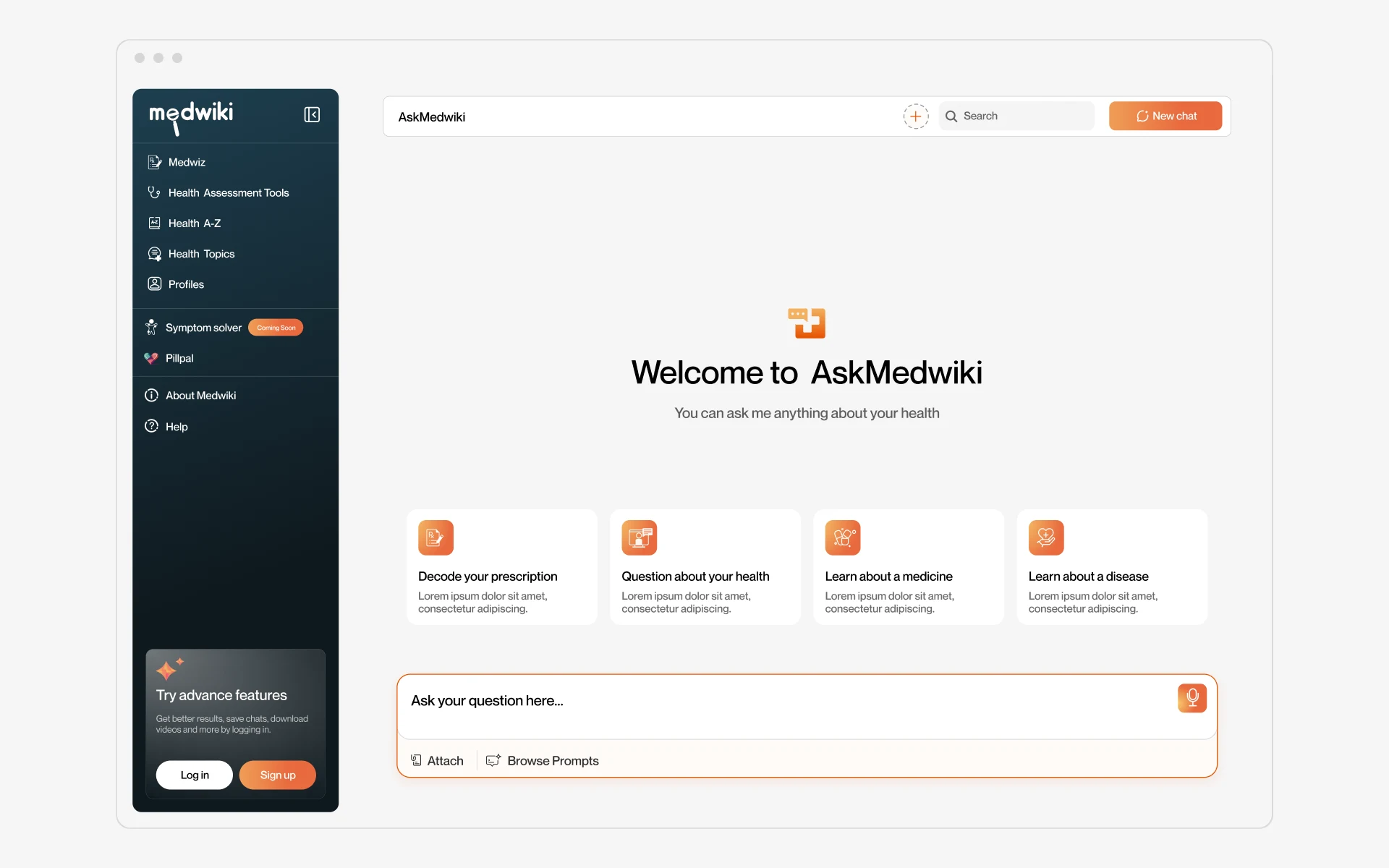 Desktop: welcome screen with four starting points and the sidebar
