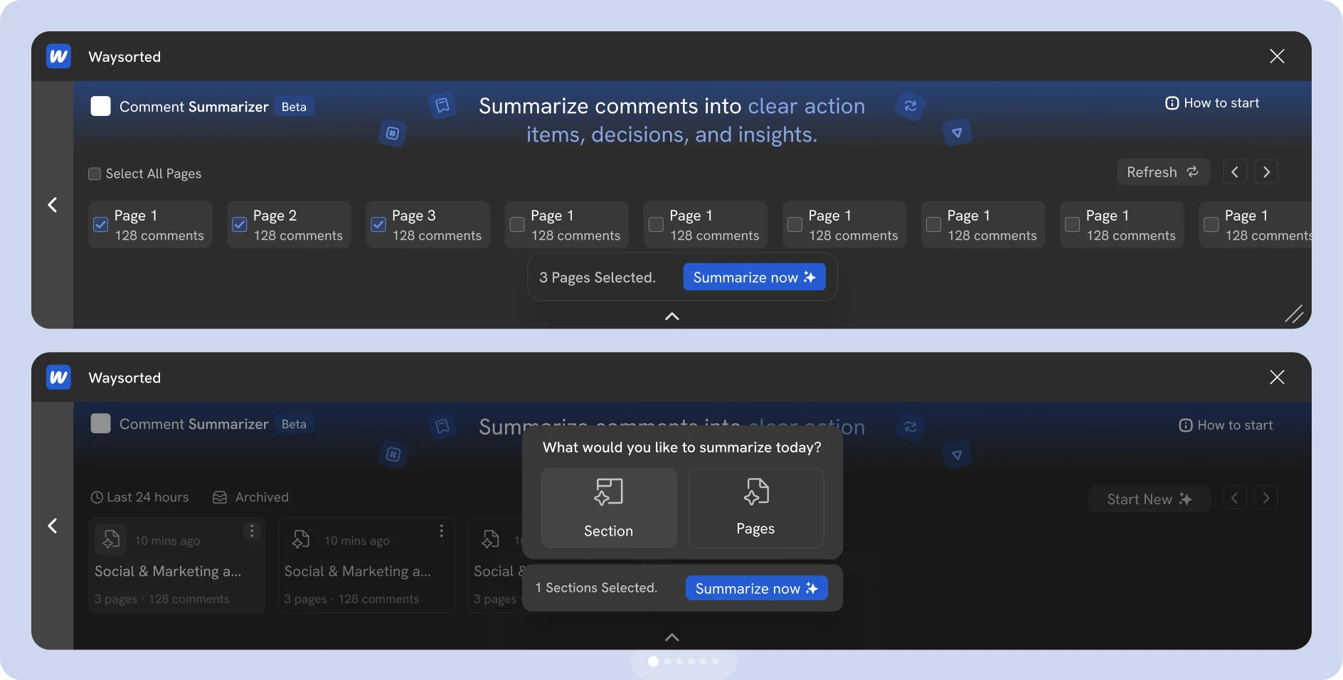 Page and section selection workflow