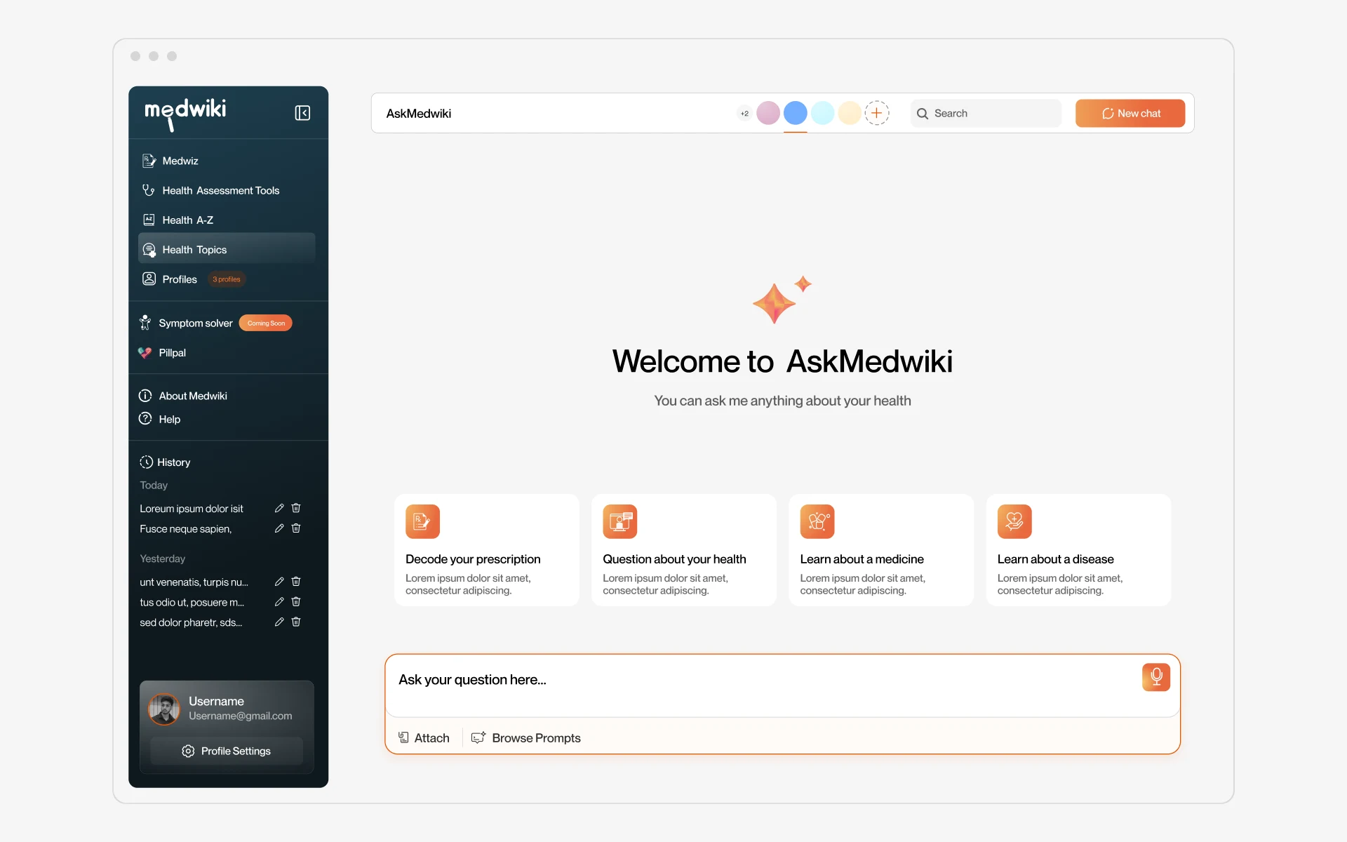 Desktop: welcome screen with the profile avatar row in the top bar