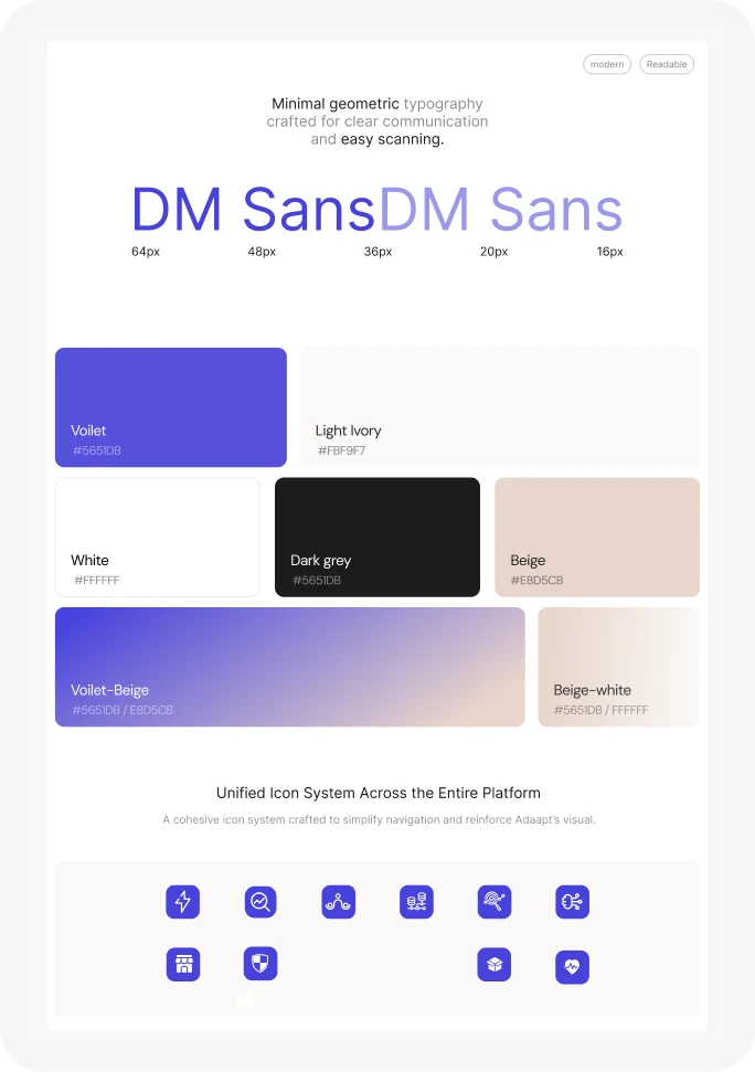Typography in DM Sans, the colour palette and the unified icon system