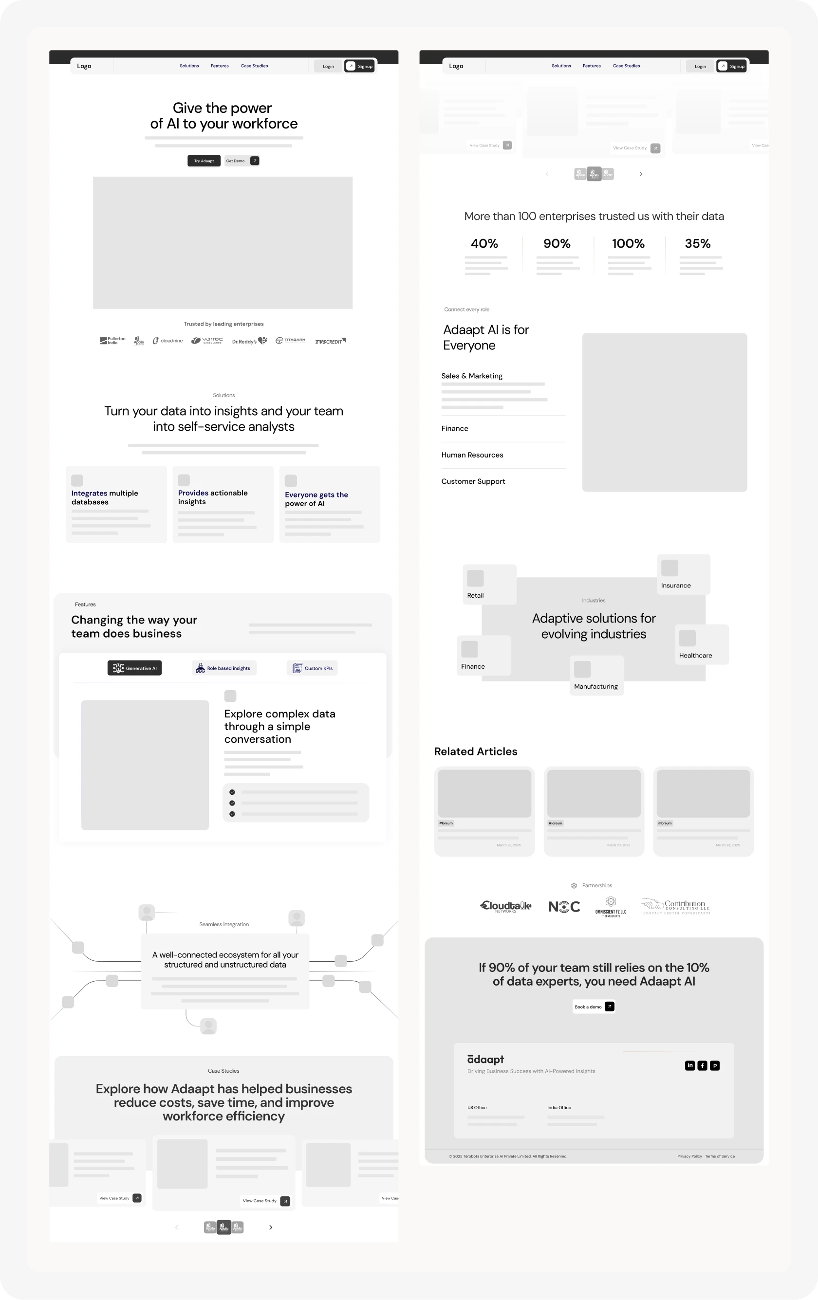 Mid-fidelity wireframes of the Adaapt single-page website