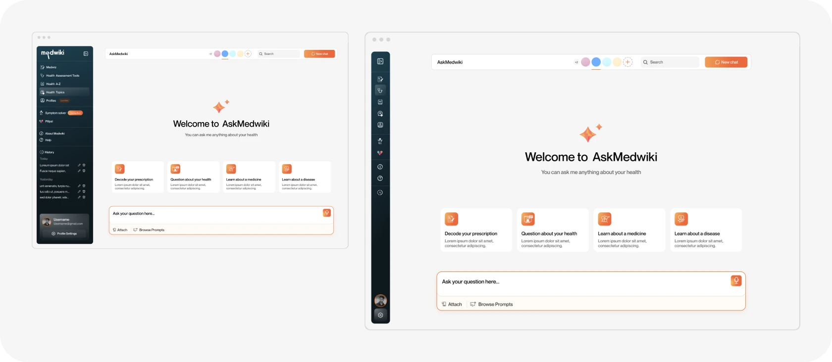 Layout options for home and chat: full sidebar against a collapsed icon rail
