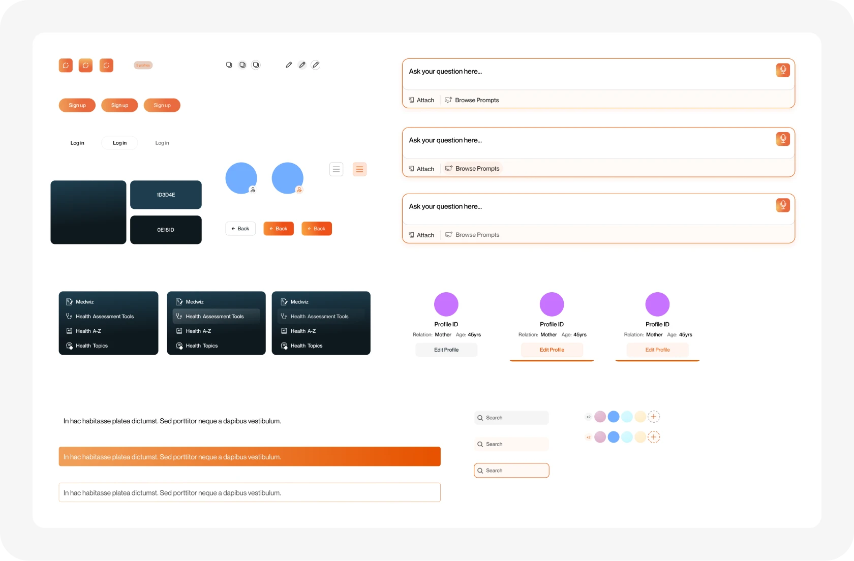 AskMedwiki design system: buttons, inputs, chips, sidebar items and profile cards
