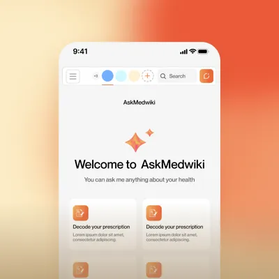 askmedwiki home with four ways to start: decode a prescription, ask about health, learn about a medicine or a disease